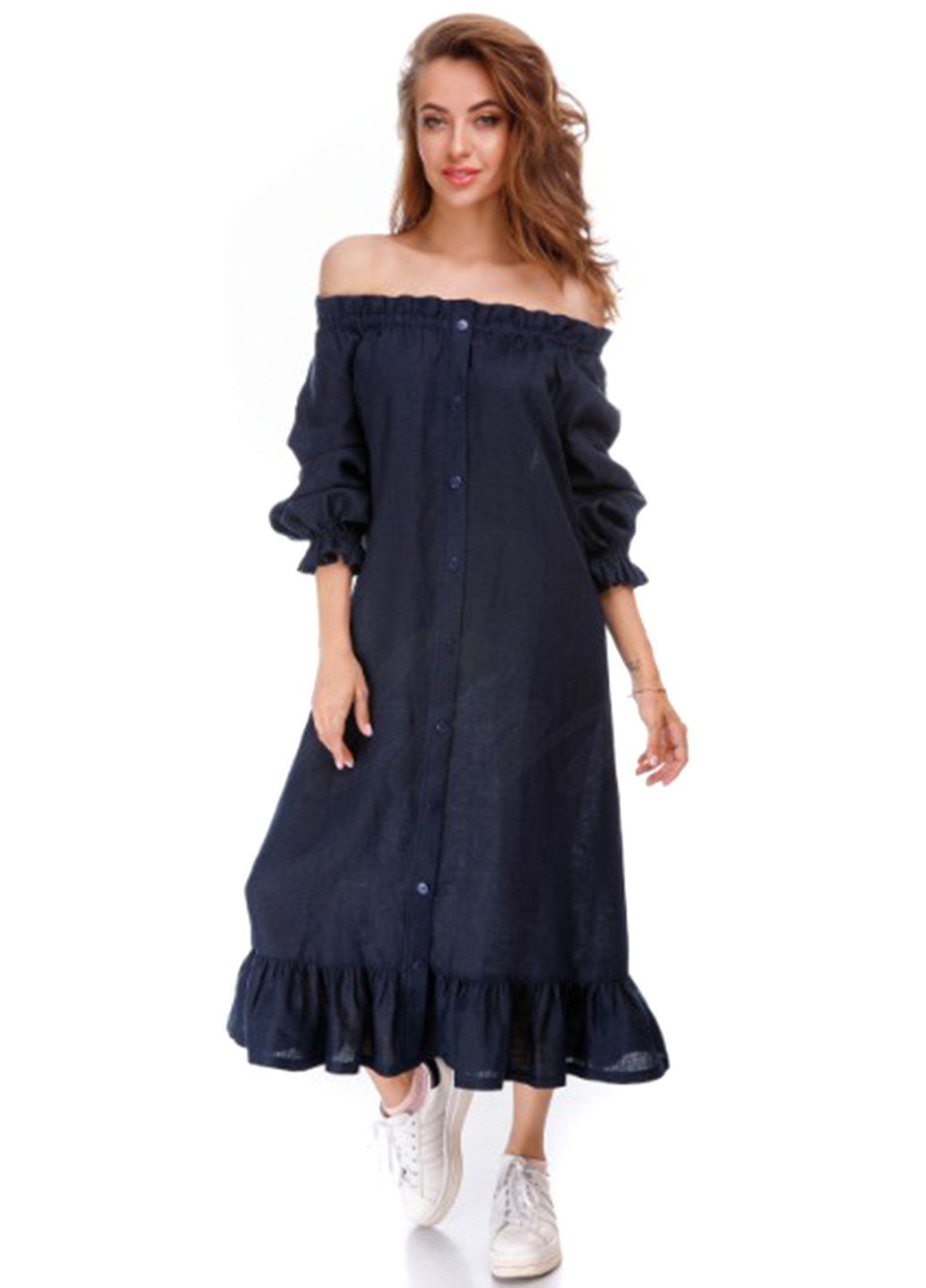 Темно-синее кэжуал платье с открытыми плечами Silence однотонное