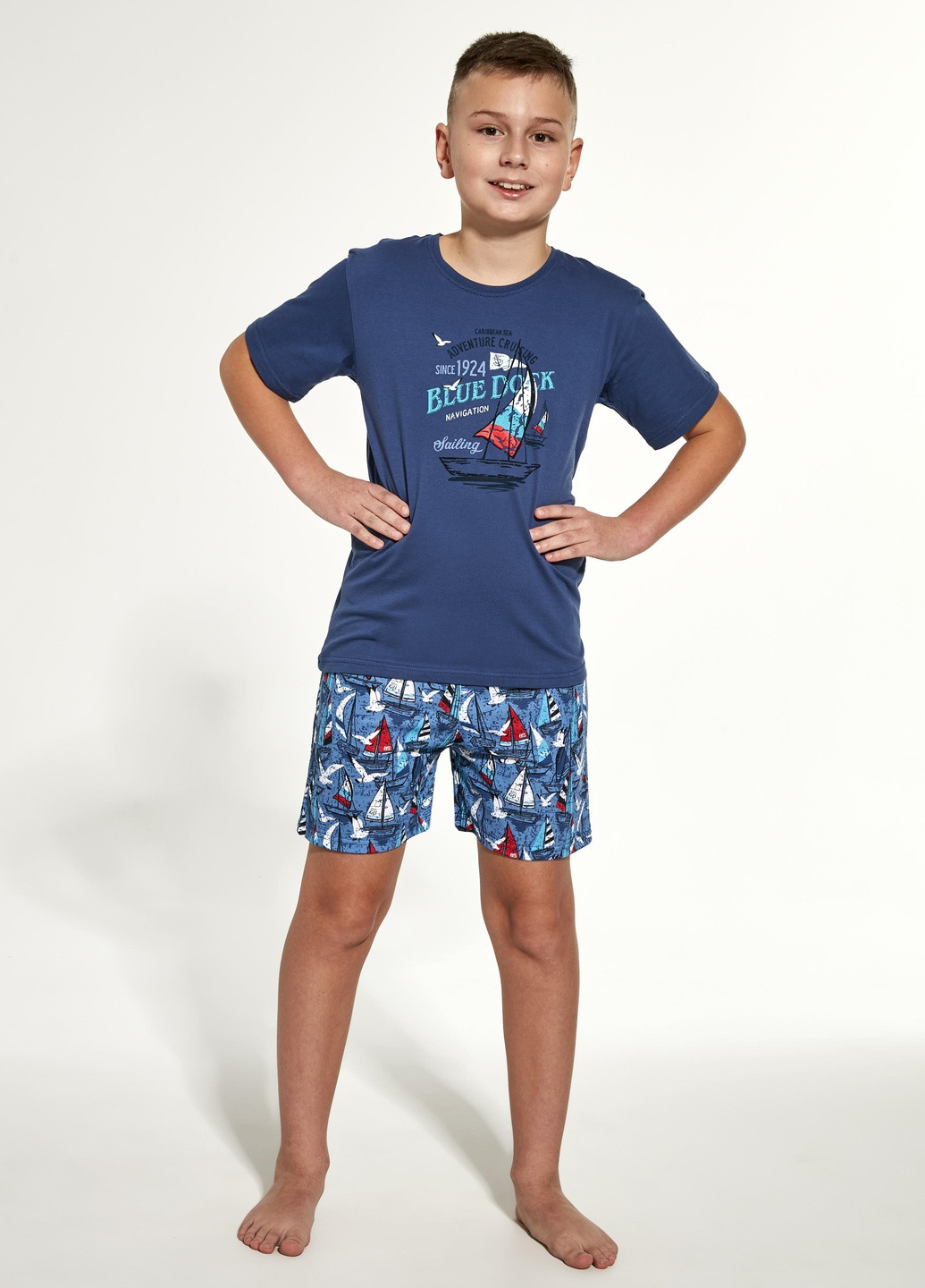 Синяя всесезон пижама для мальчиков подростков 96 blue dock 790-21 футболка + шорты Cornette