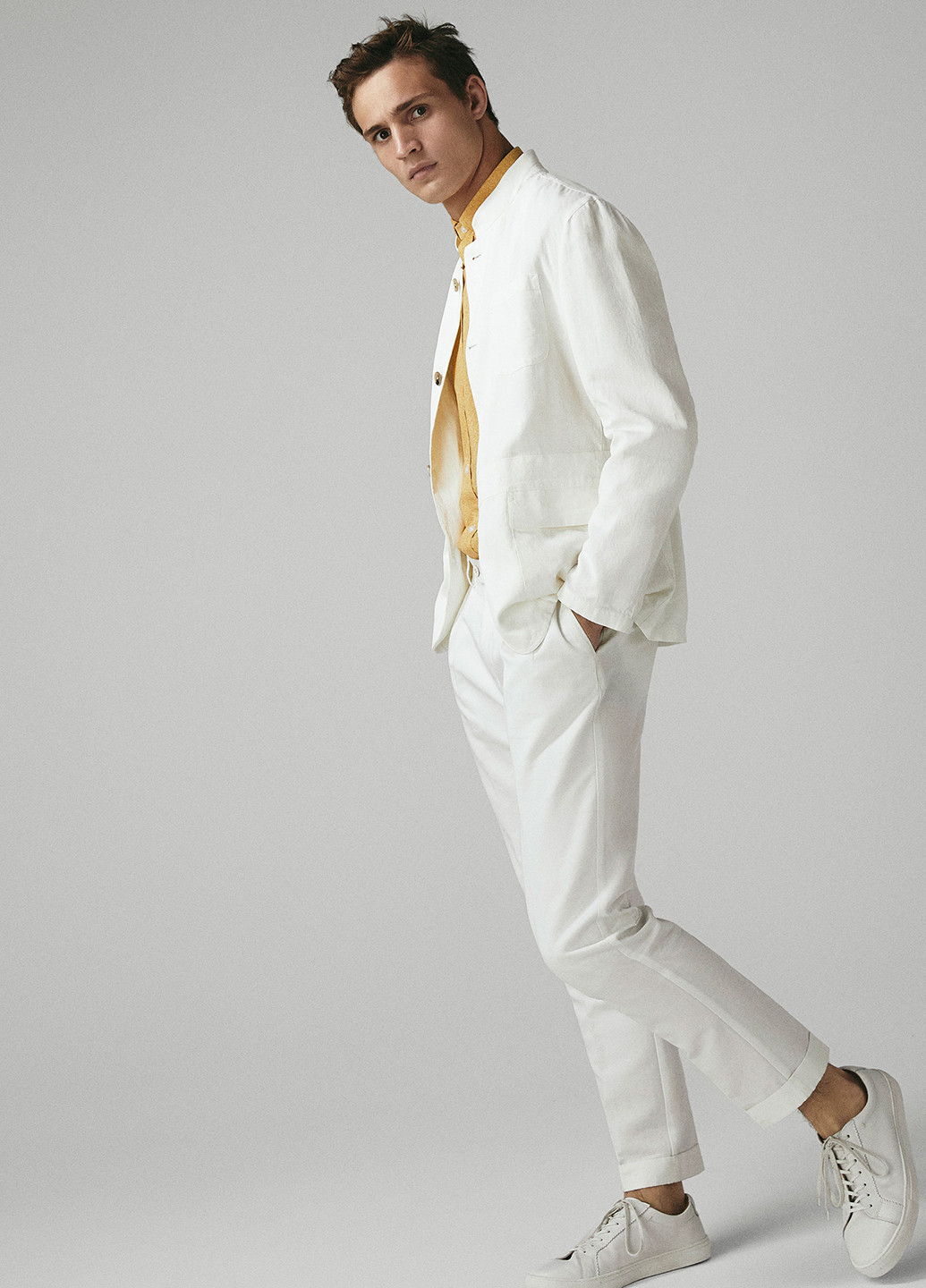 Пиджак Massimo Dutti однотонный молочный кэжуал лен