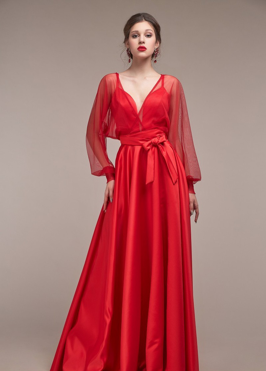 Красное вечернее платье колокол, а-силуэт Lolita однотонное