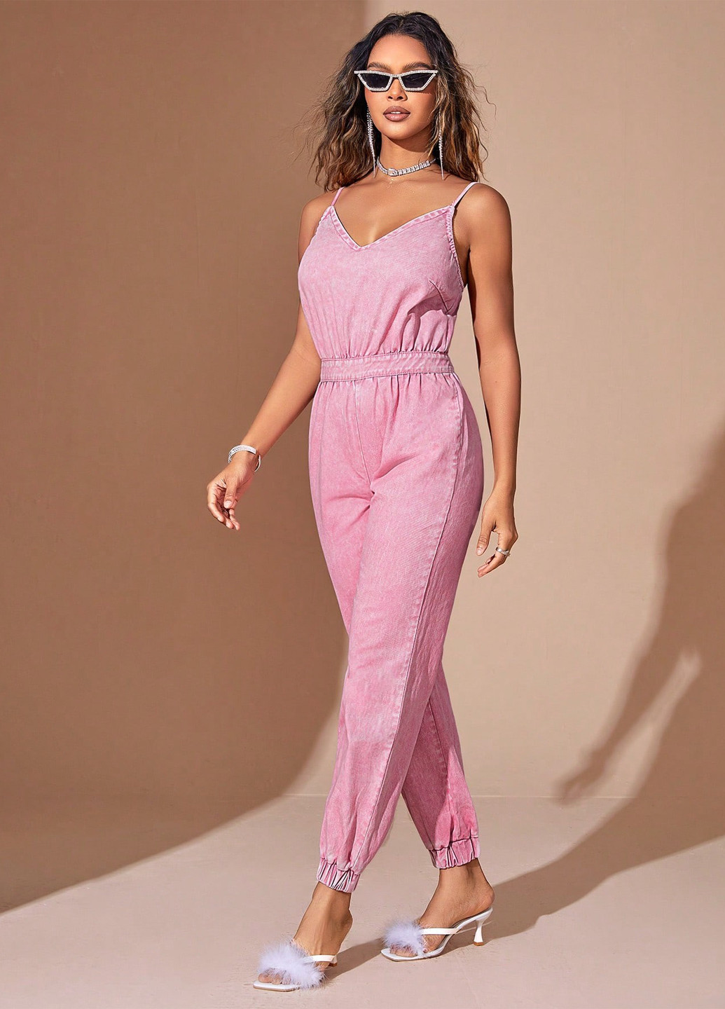 Комбінезон SHEIN комбінезон-брюки однотонний рожевий джинсовий бавовна
