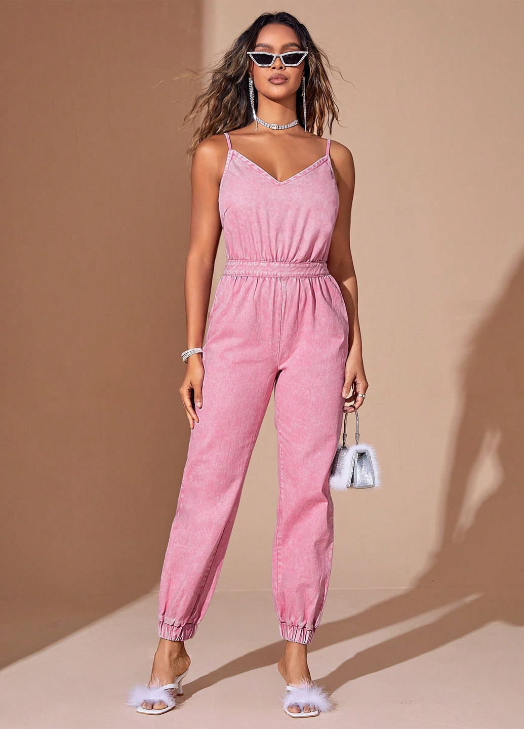 Комбінезон SHEIN комбінезон-брюки однотонний рожевий джинсовий бавовна
