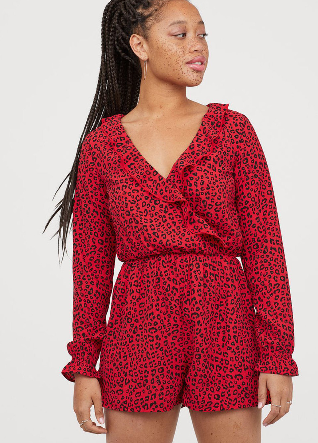 Комбинезон H&M комбинезон-шорты леопардовый красный кэжуал полиэстер, креп