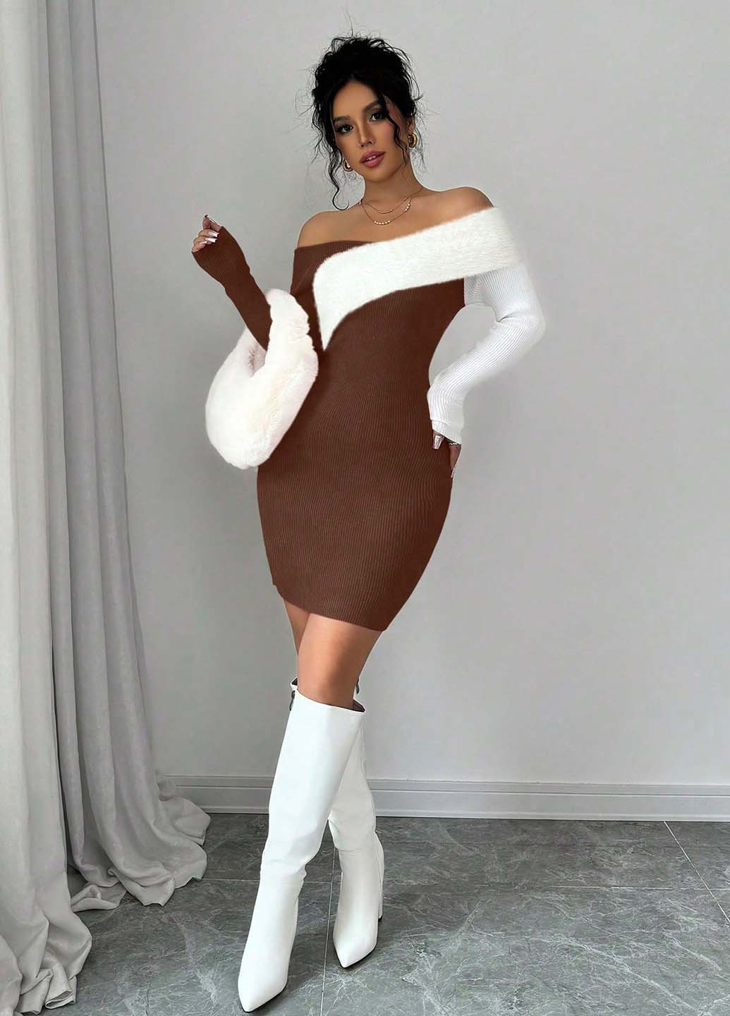 Коричневое кэжуал платье платье-свитер, с открытыми плечами SHEIN колор блок