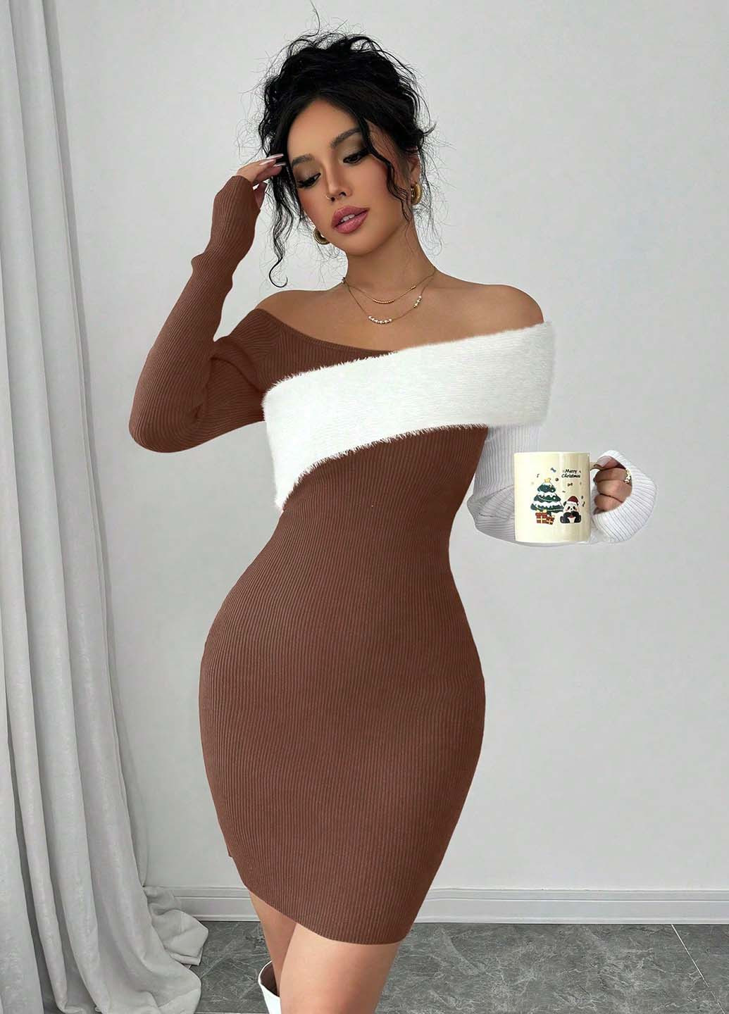 Коричневое кэжуал платье платье-свитер, с открытыми плечами SHEIN колор блок
