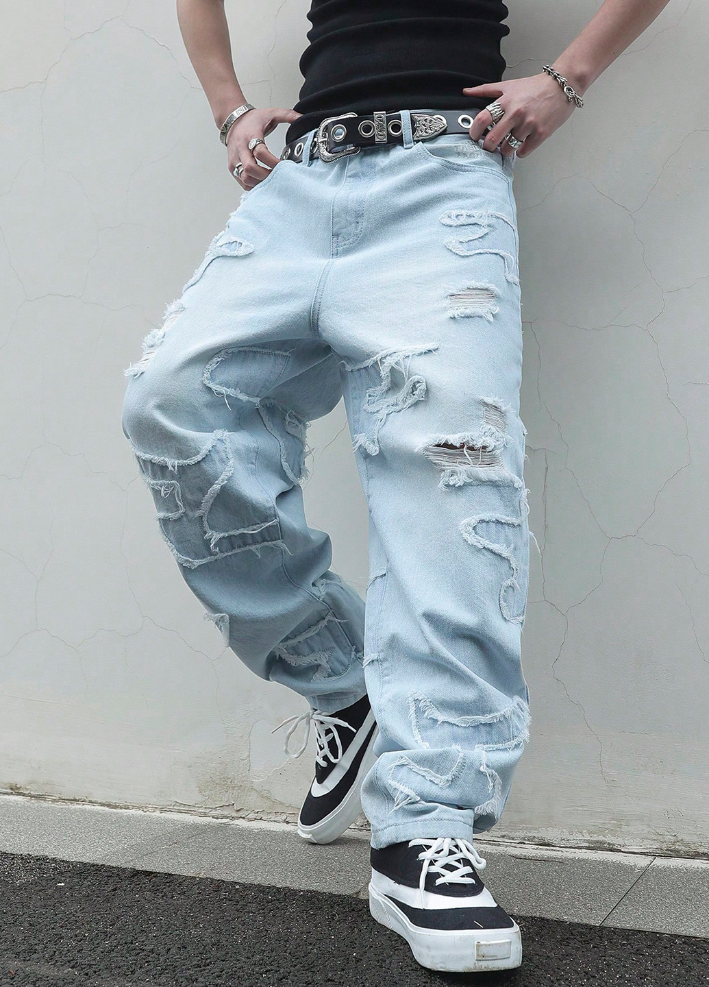 Светло-голубые демисезонные мешковатые, афгани джинсы SHEIN