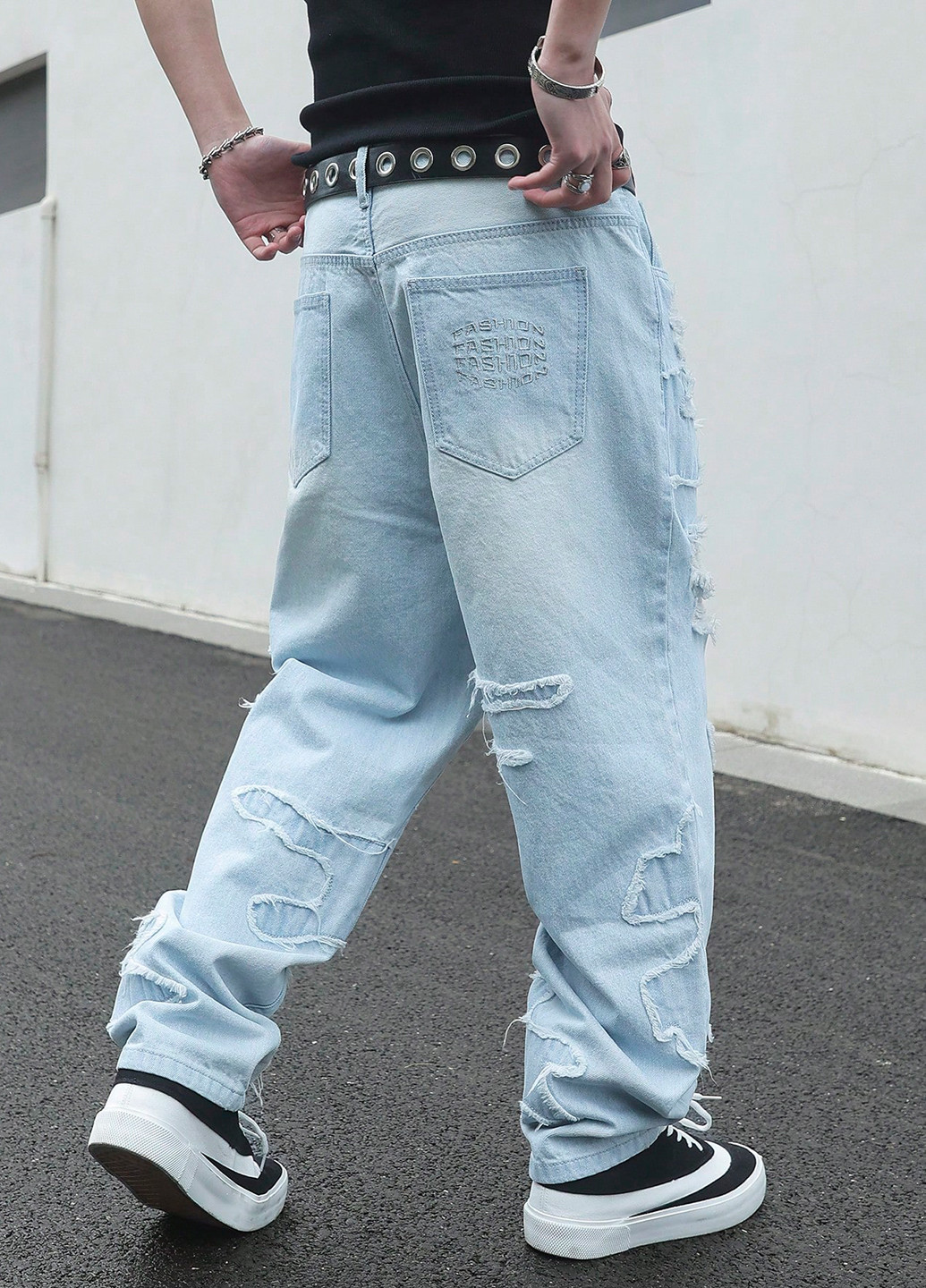 Светло-голубые демисезонные мешковатые, афгани джинсы SHEIN