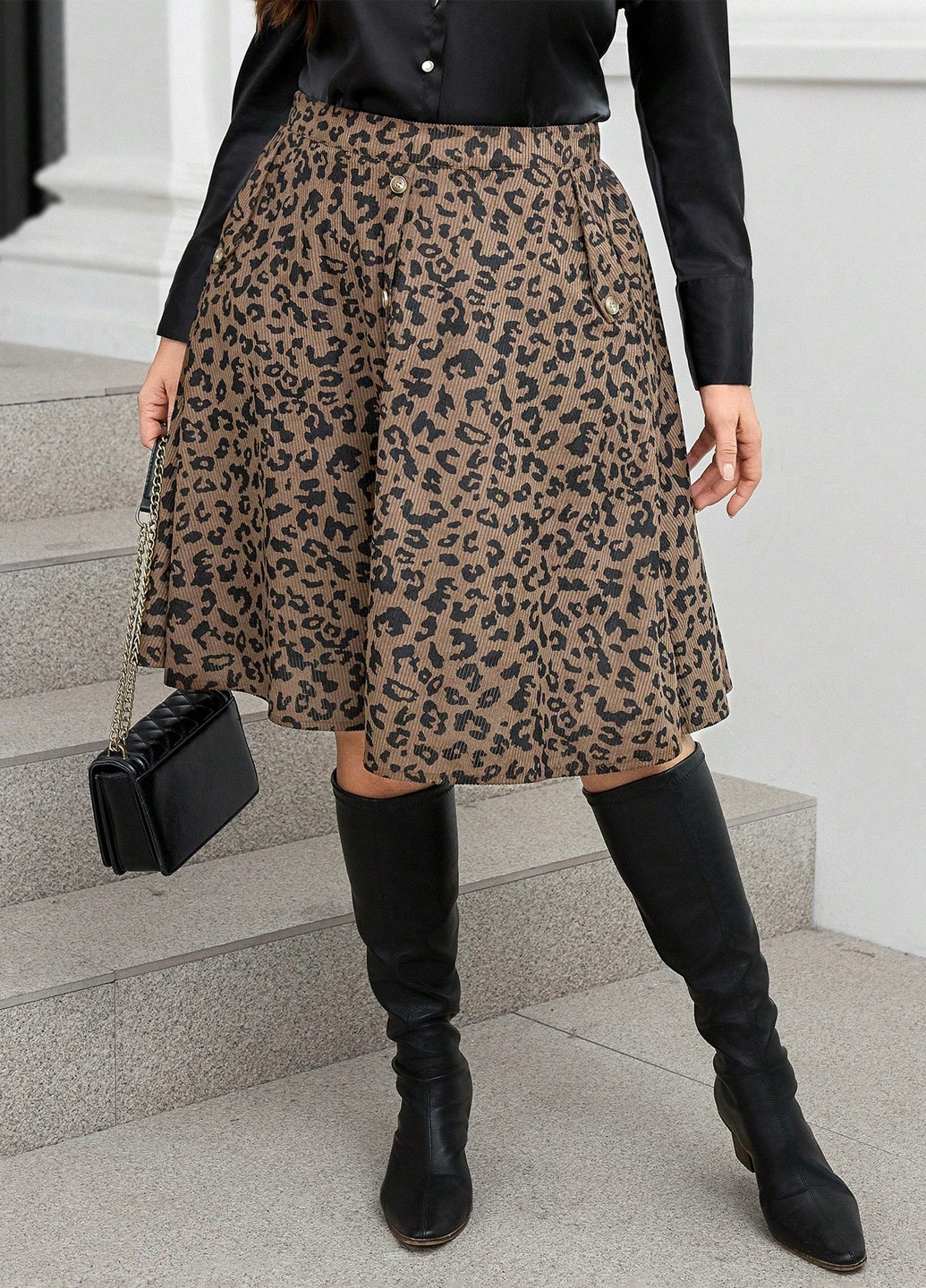 Коричневая кэжуал леопардовая юбка SHEIN клешированная, а-силуэта (трапеция)