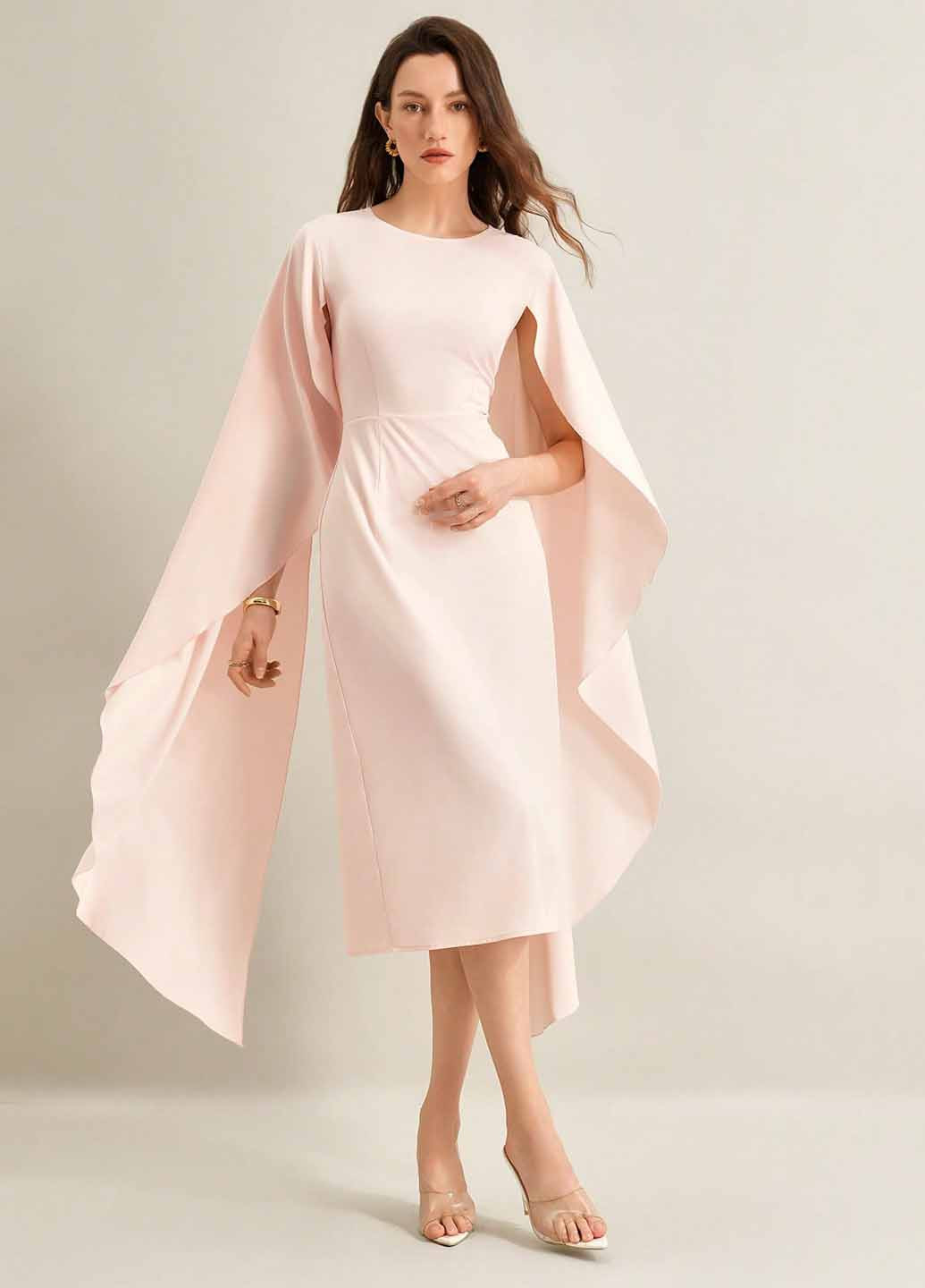 Блідо-рожева вечірня сукня кльош, сукня-кейп SHEIN однотонна