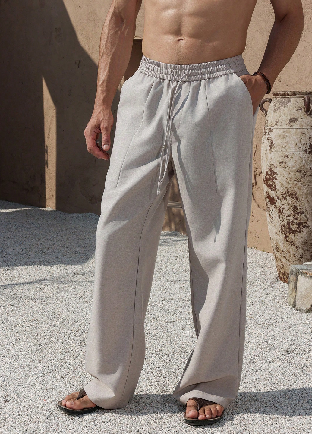 Серо-бежевые спортивные, кэжуал демисезонные прямые брюки SHEIN