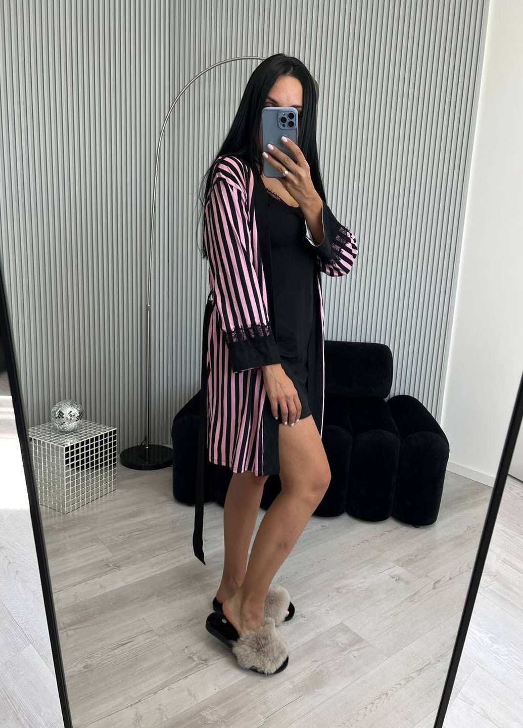 Черный демисезонный комплект (ночная рубашка, халат) Fashion