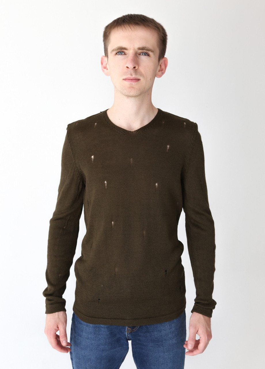 Оливковый (хаки) демисезонный джемпер мужской хаки вязаный приталенный пуловер Lagos Приталенная