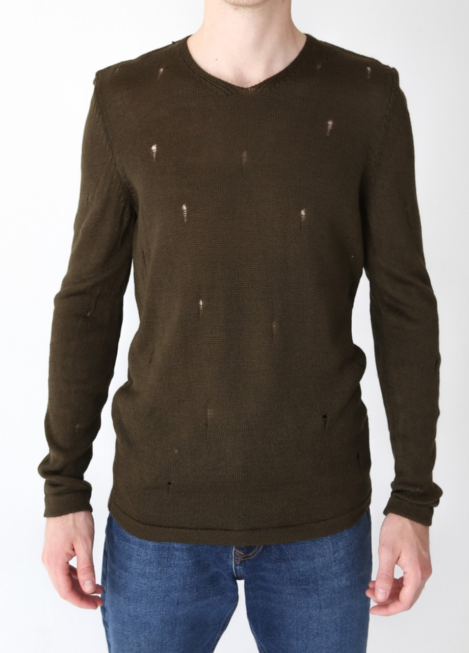 Оливковый (хаки) демисезонный джемпер мужской хаки вязаный приталенный пуловер Lagos Приталенная