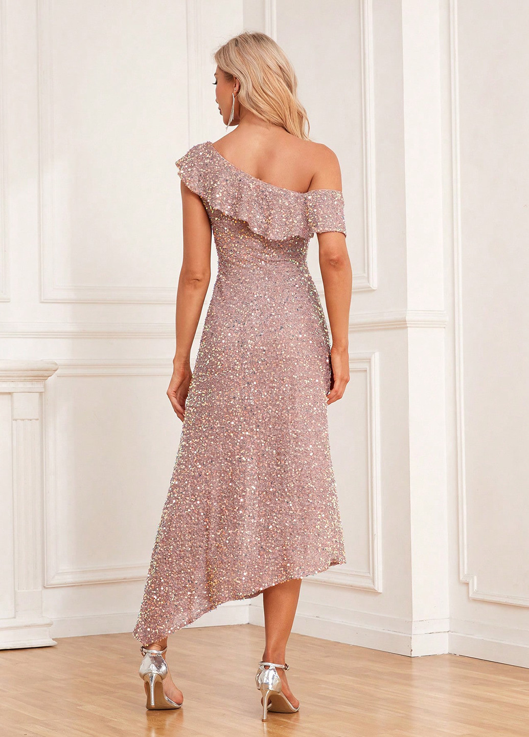 Розово-коричневое вечернее платье на одно плечо SHEIN однотонное