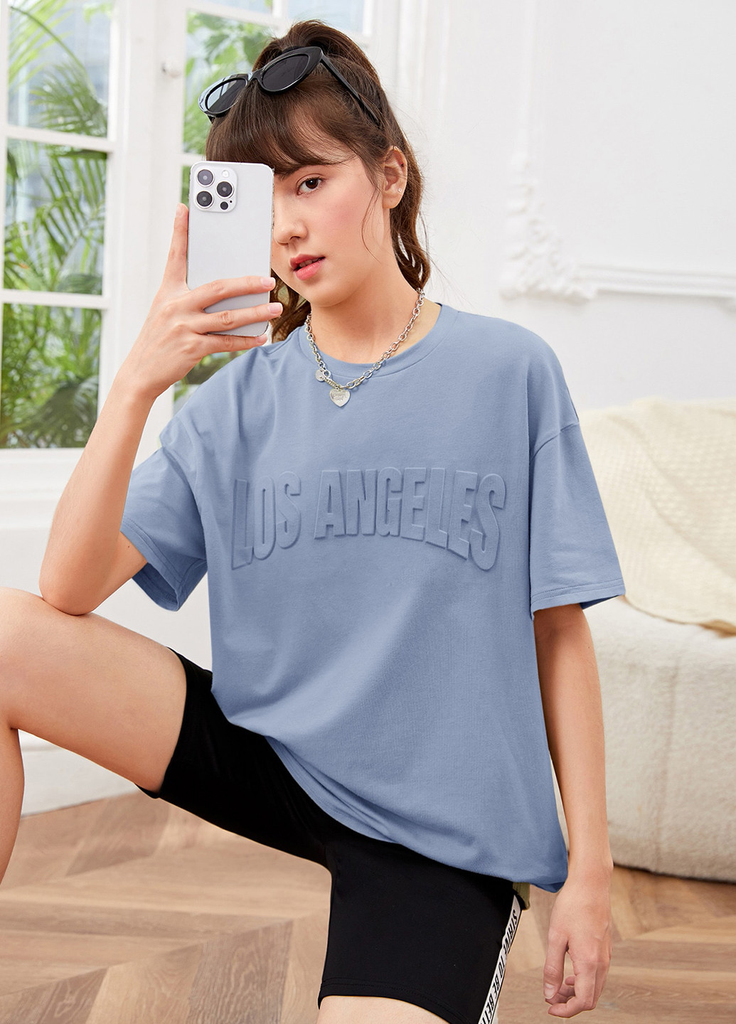 Серо-голубая летняя футболка SHEIN