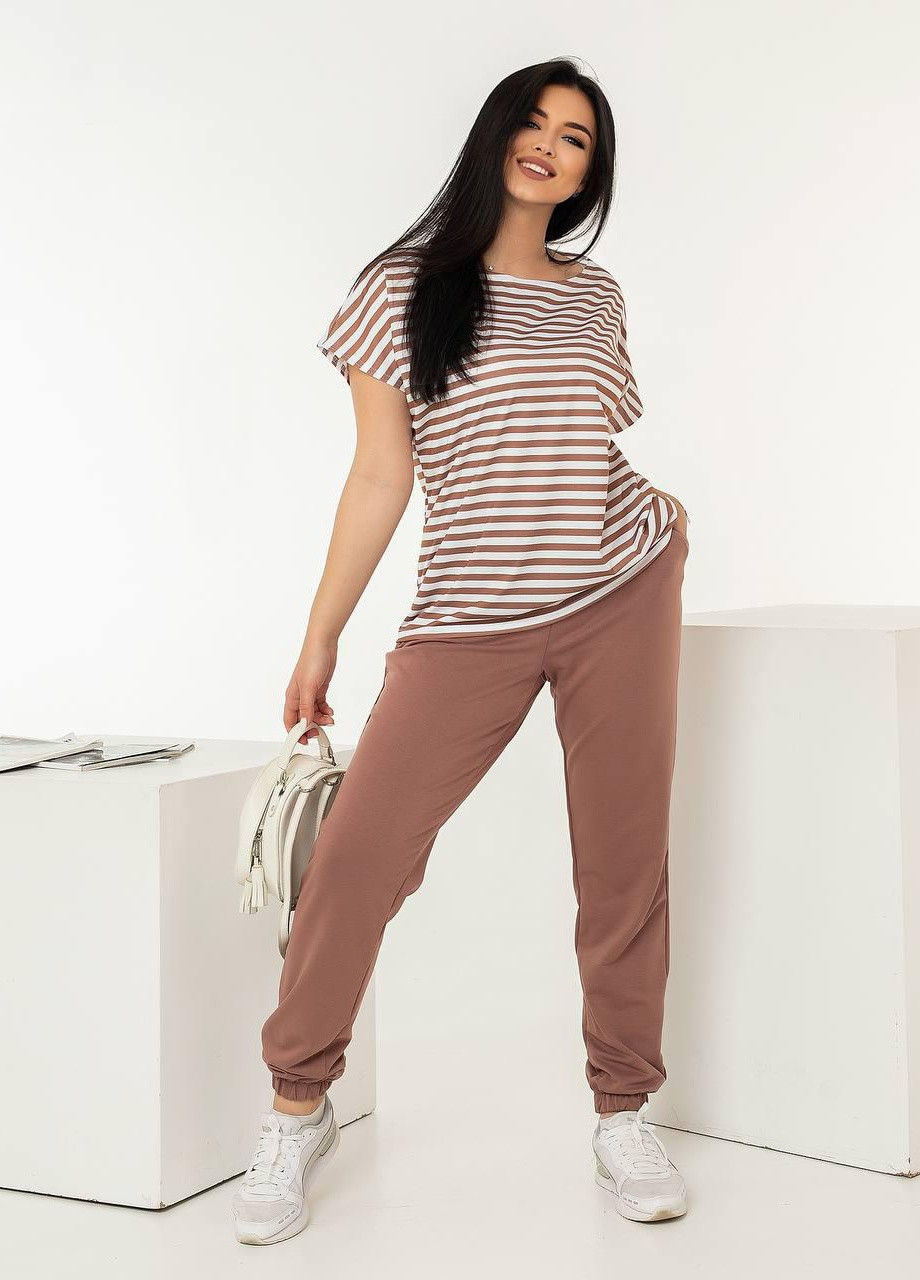 Женский костюм футболка в полоску и штаны бежевого цвета р.52/54 382707 New Trend (255411841)