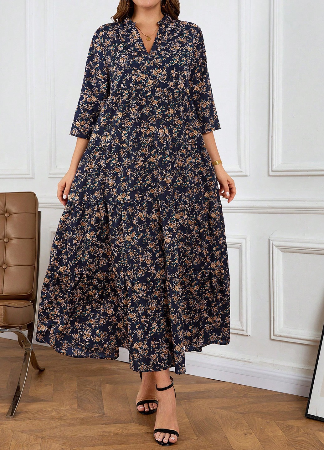 Темно-синя кежуал сукня з спідницею-сонце SHEIN з квітковим принтом