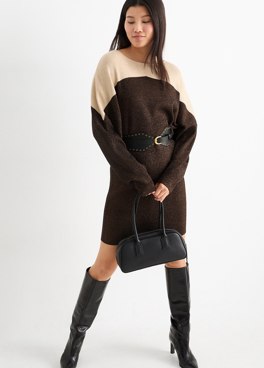 Коричневое кэжуал платье платье-свитер C&A колор блок