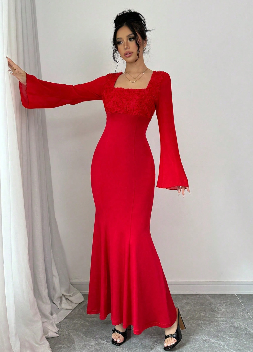 Красное кэжуал, вечернее платье годе SHEIN однотонное