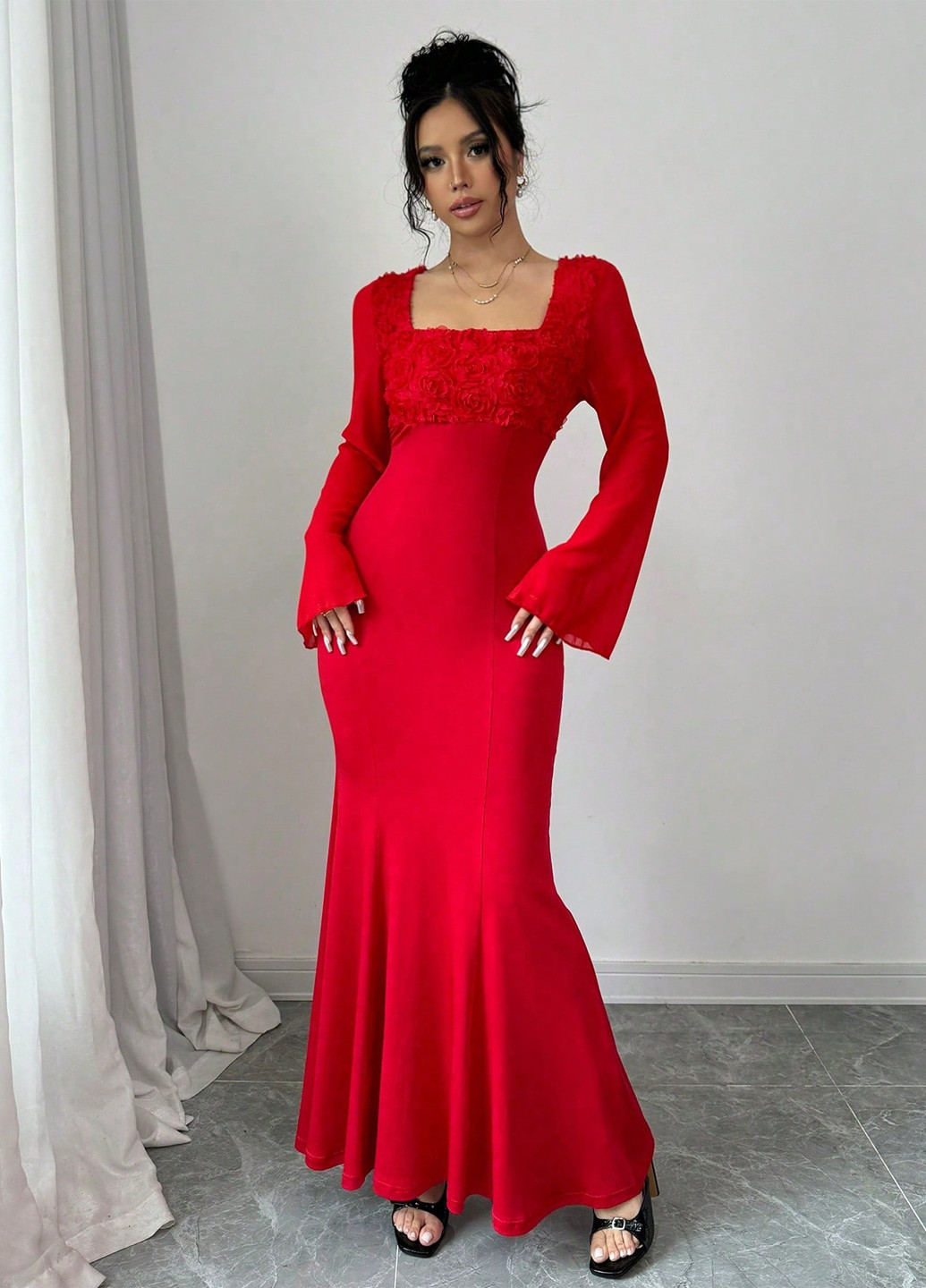 Красное кэжуал, вечернее платье годе SHEIN однотонное