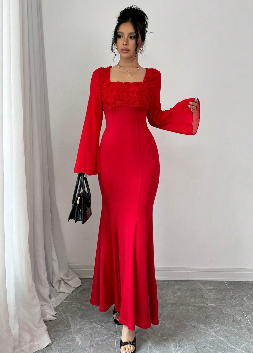 Красное кэжуал, вечернее платье годе SHEIN однотонное