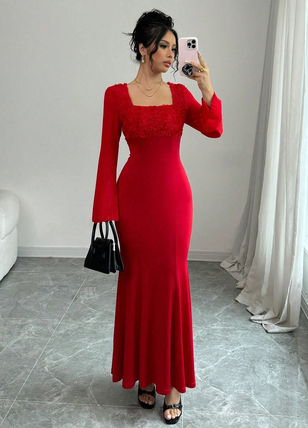 Красное кэжуал, вечернее платье годе SHEIN однотонное