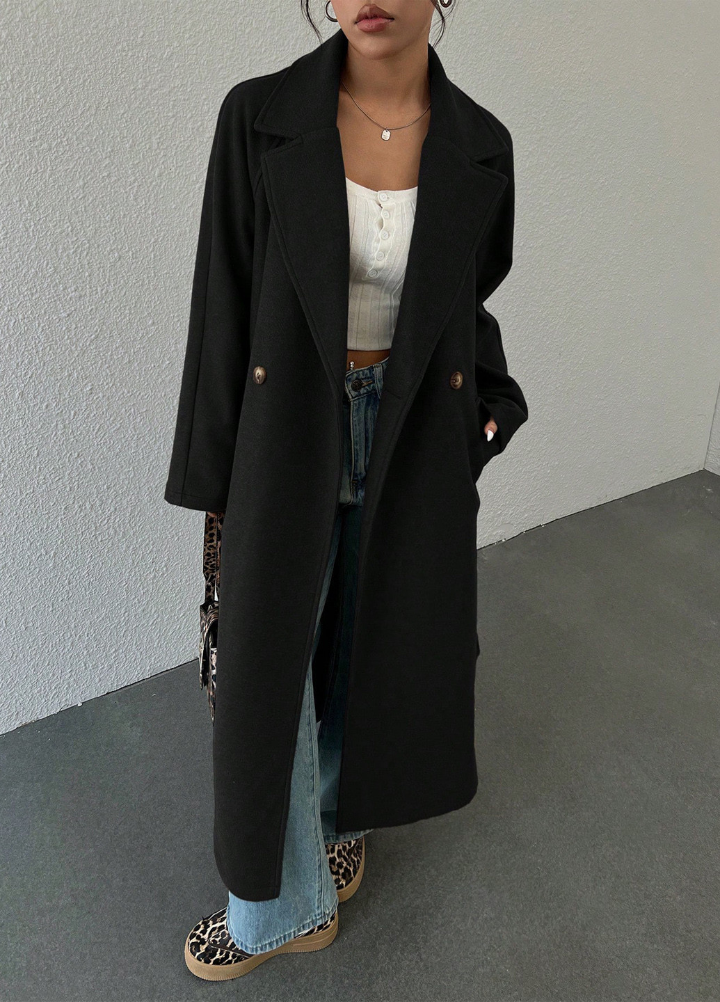 Чорне демісезонне Пальто двобортне SHEIN