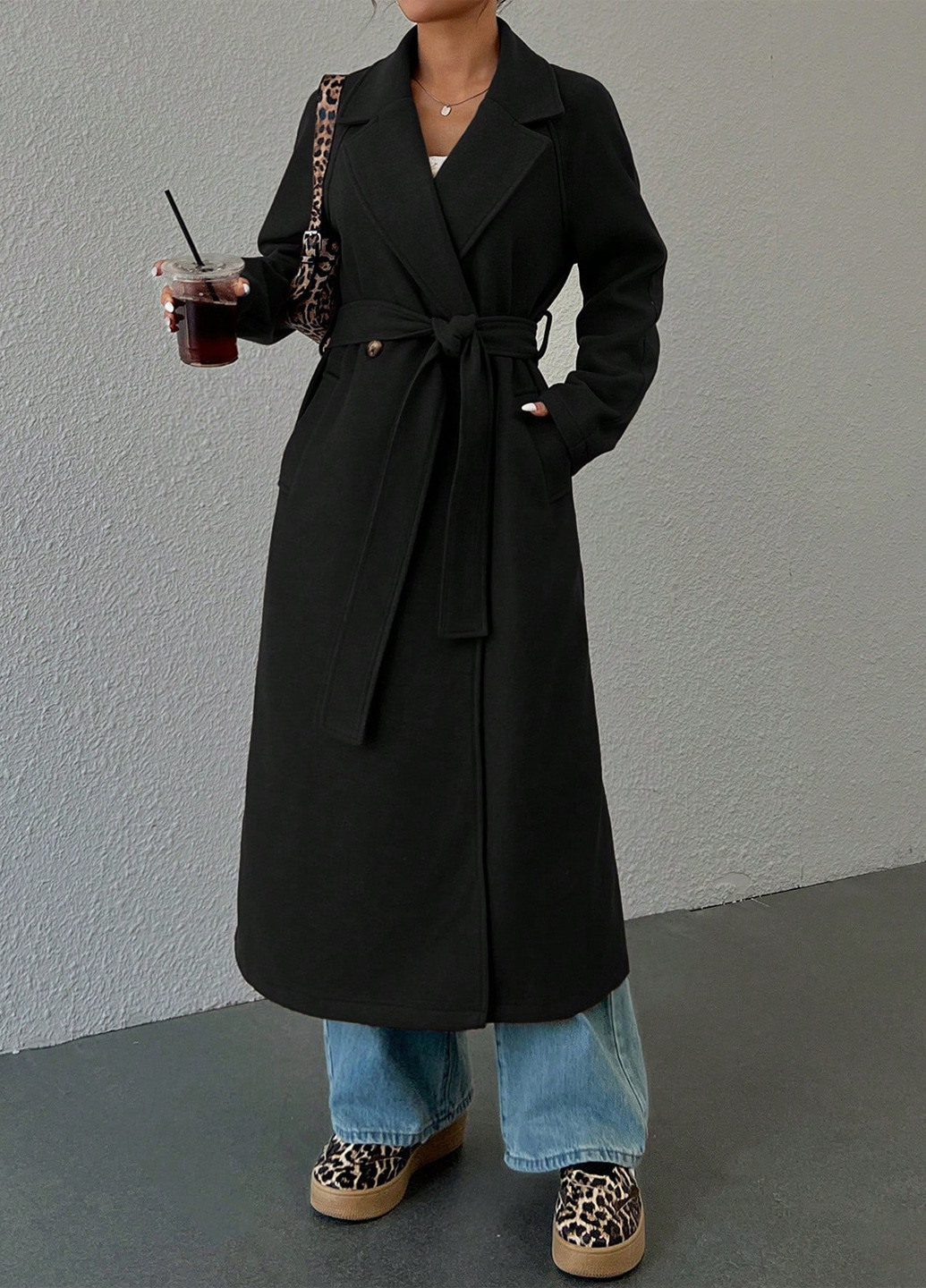 Чорне демісезонне Пальто двобортне SHEIN