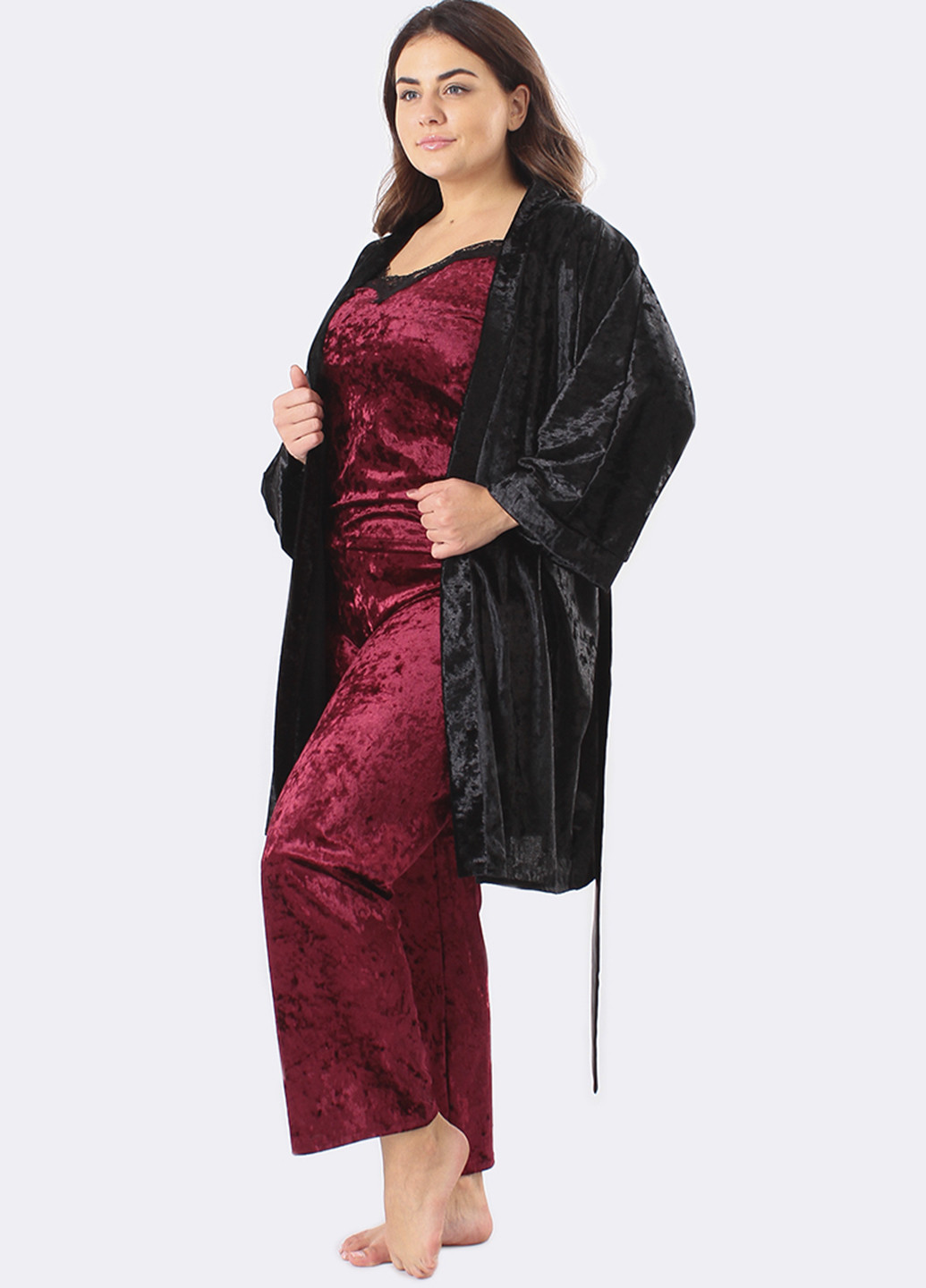 Бордовый демисезонный комплект (халат, топ, брюки) Ghazel