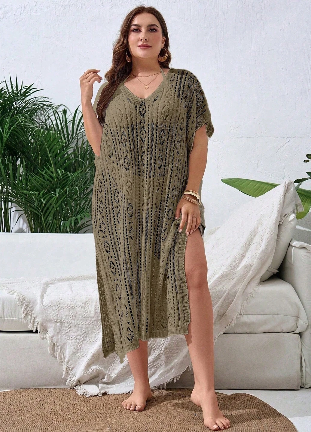 Оливковое (хаки) пляжное платье SHEIN однотонное