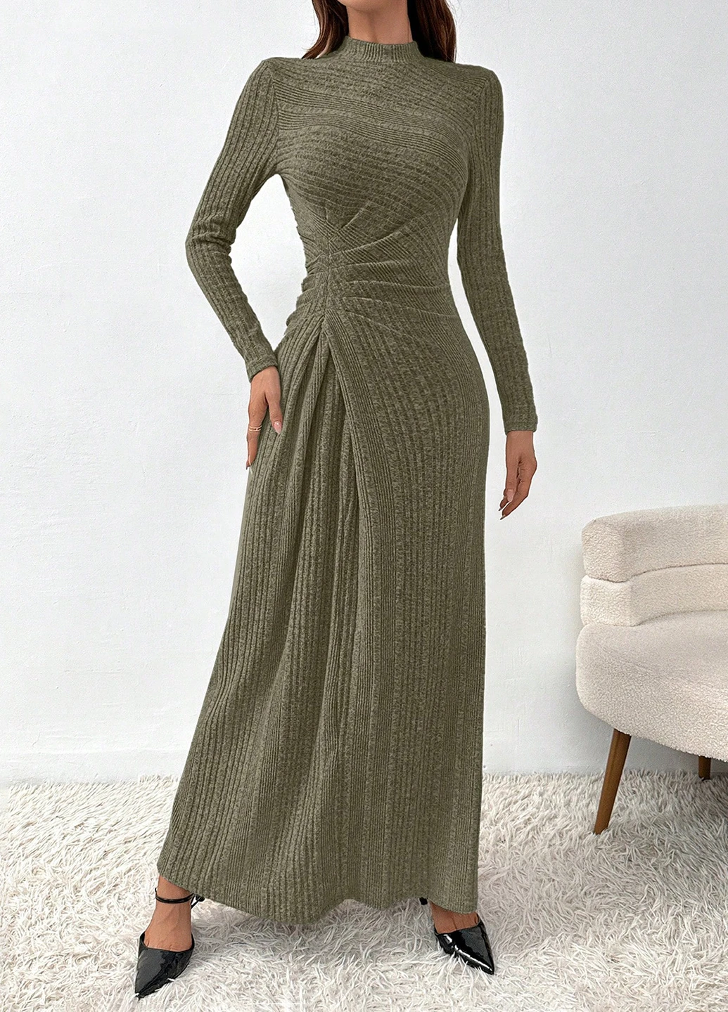 Оливковое (хаки) кэжуал платье а-силуэт SHEIN однотонное