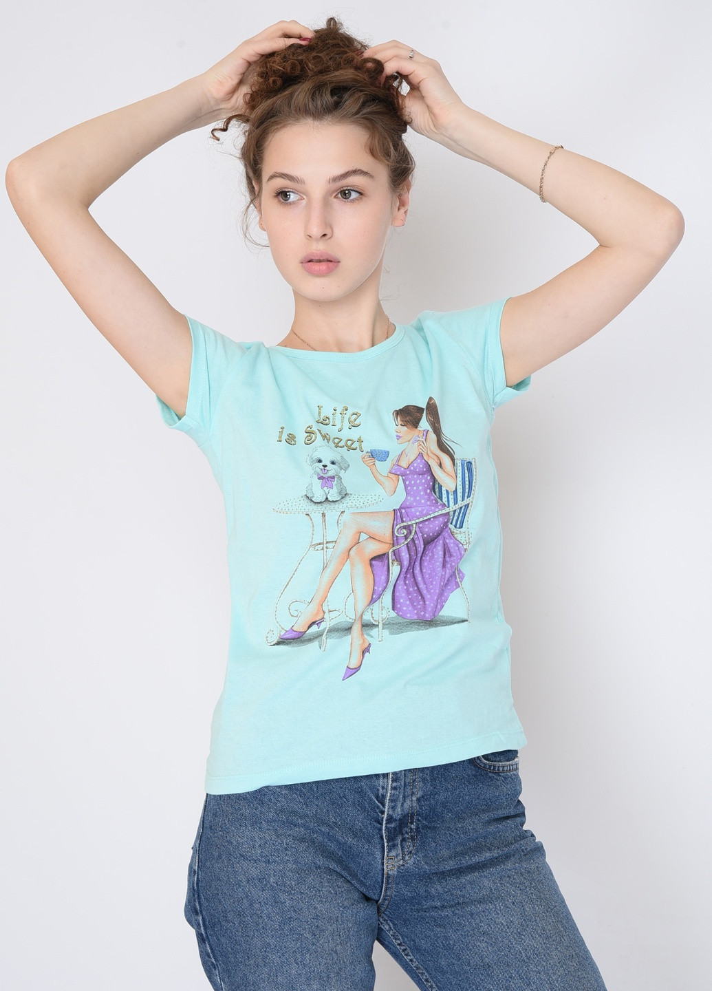 Бірюзова літня футболка жіноча бірюзова з малюнком Let's Shop