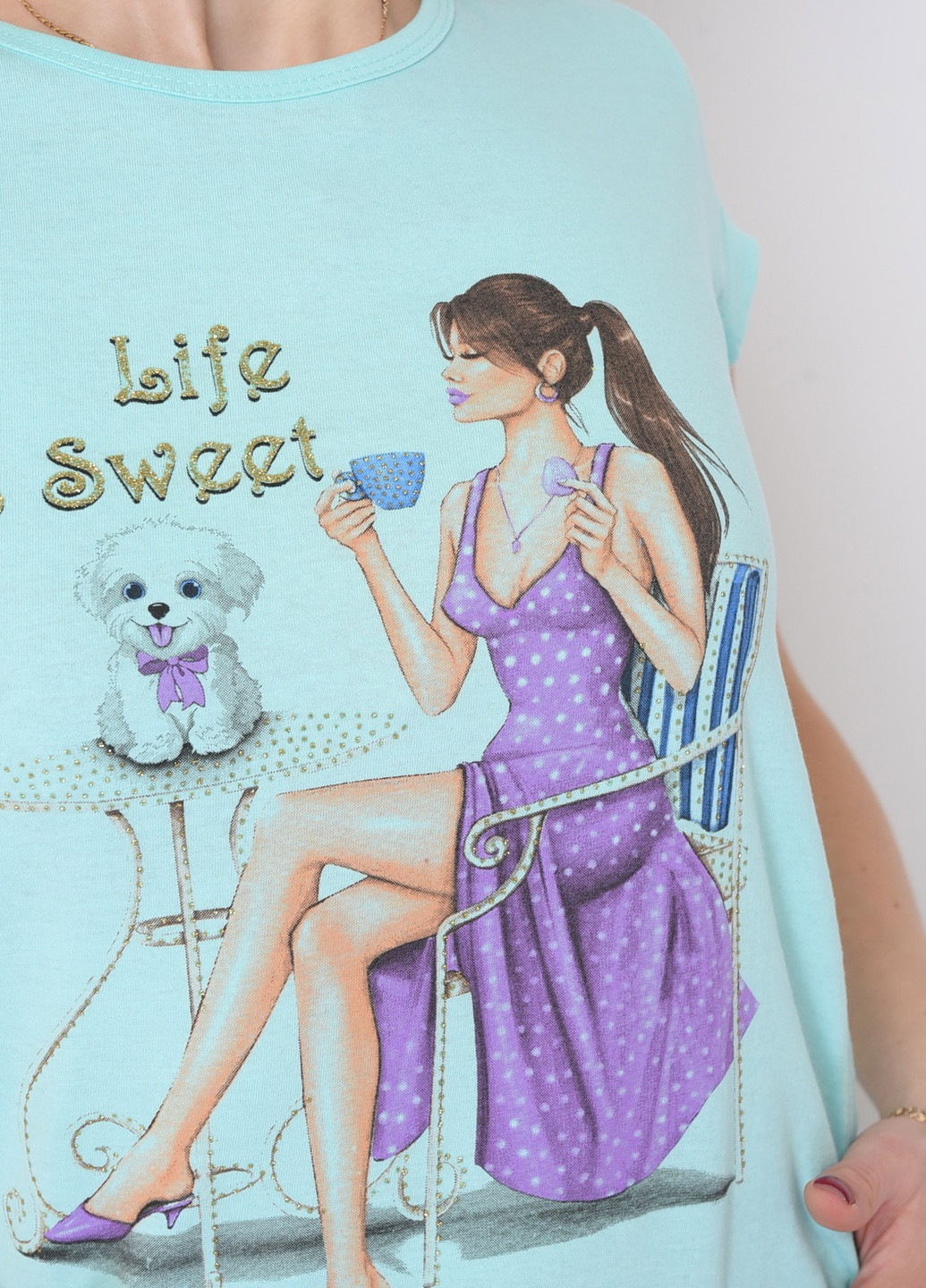 Бірюзова літня футболка жіноча бірюзова з малюнком Let's Shop