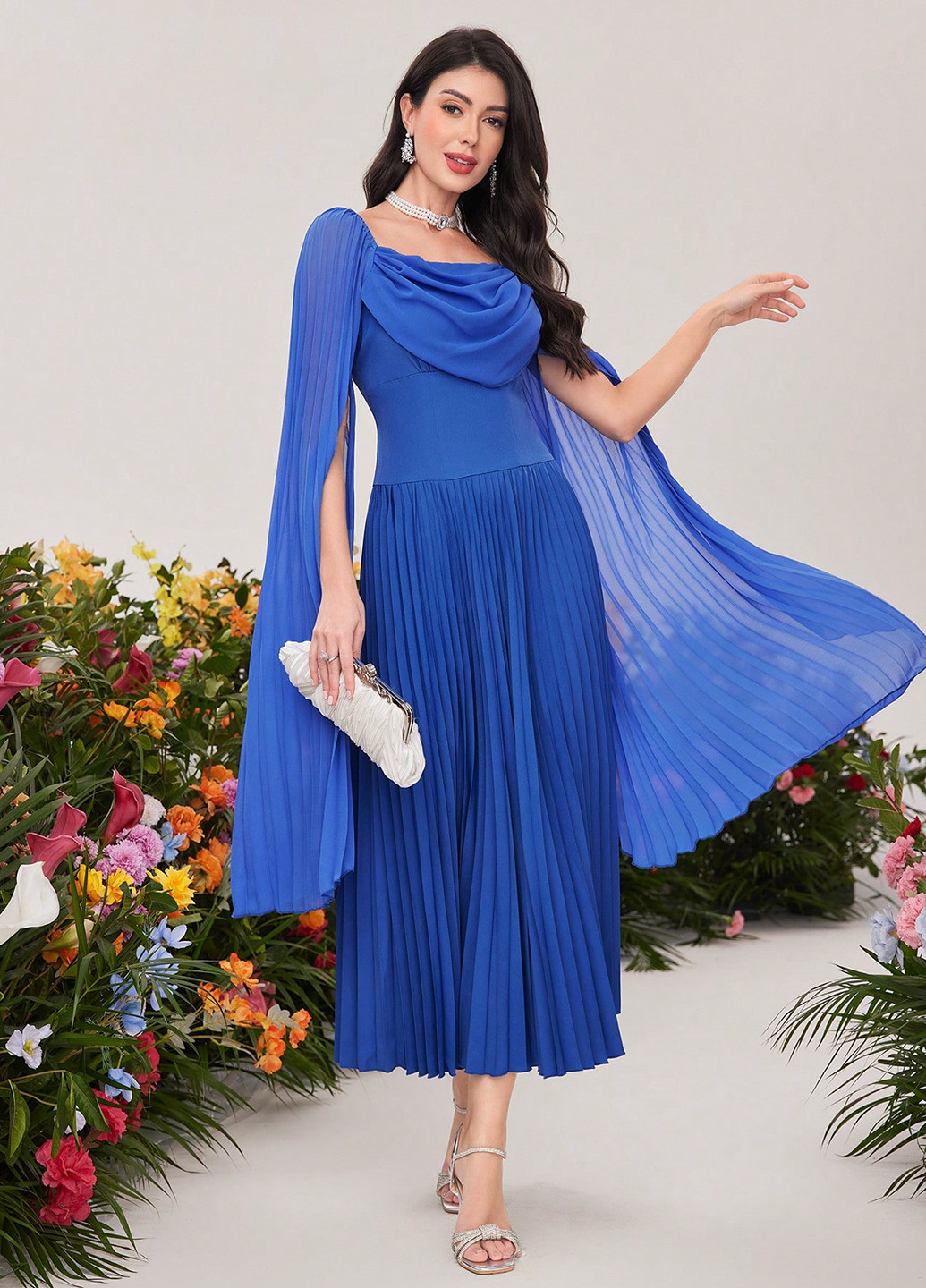 Синее праздничный, вечернее платье платье-кейп, а-силуэт, плиссированное SHEIN однотонное