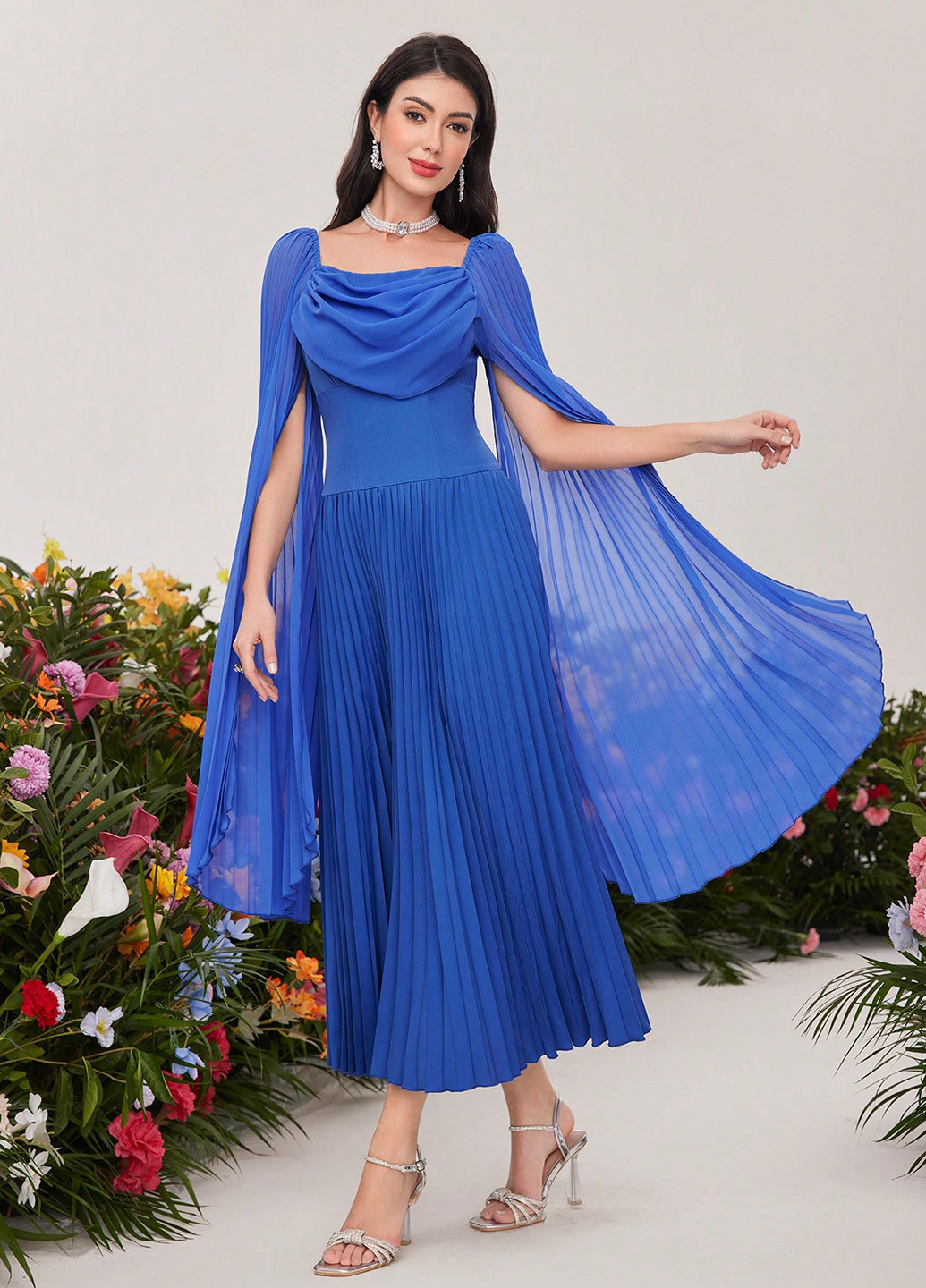 Синее праздничный, вечернее платье платье-кейп, а-силуэт, плиссированное SHEIN однотонное