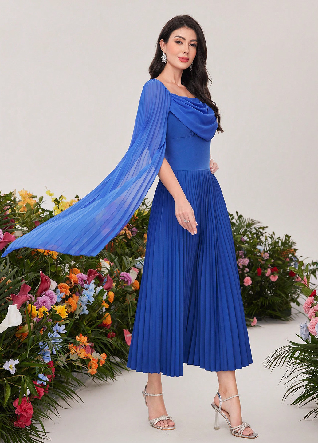 Синее праздничный, вечернее платье платье-кейп, а-силуэт, плиссированное SHEIN однотонное