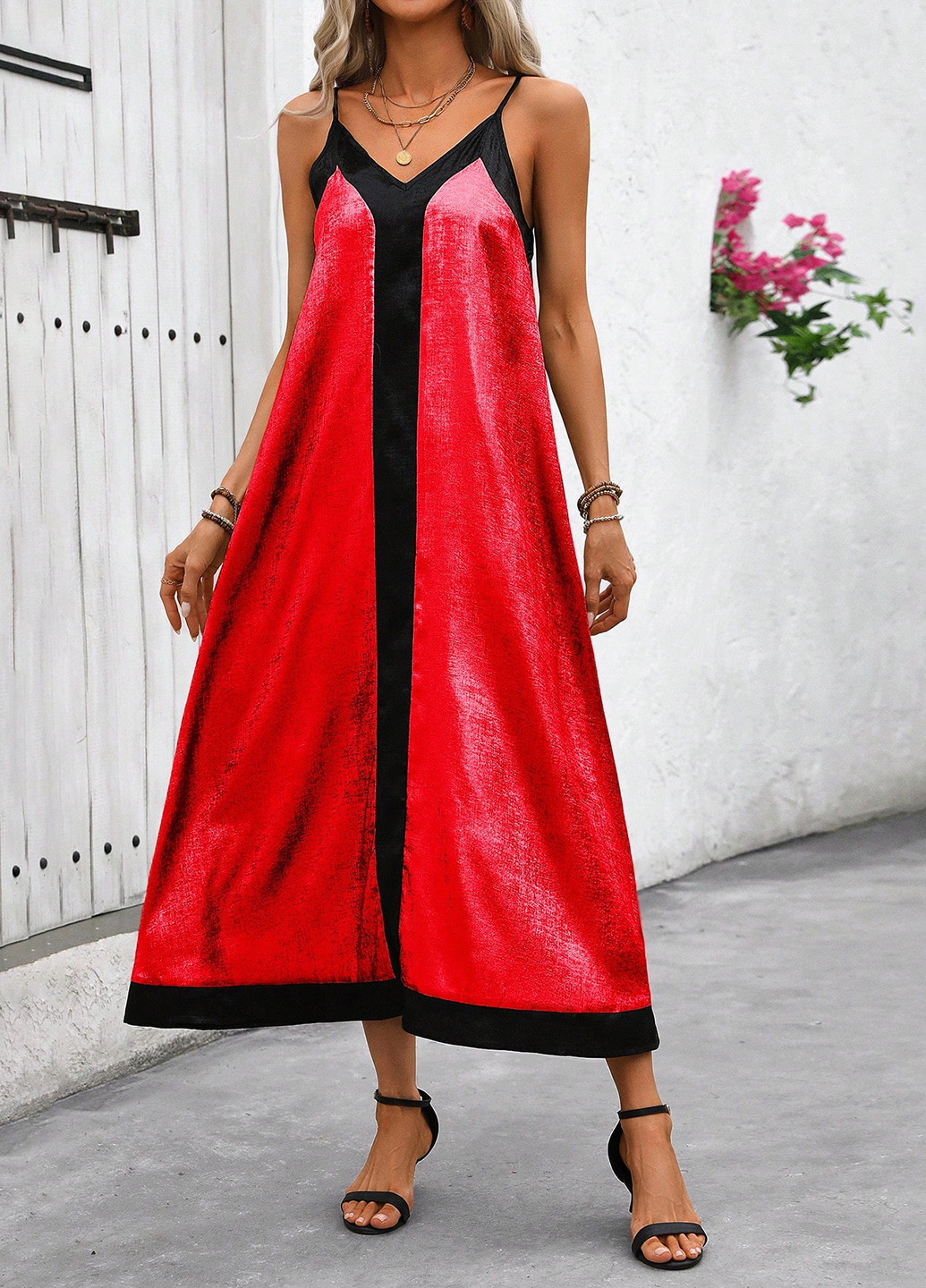 Красное кэжуал платье а-силуэт SHEIN колор блок