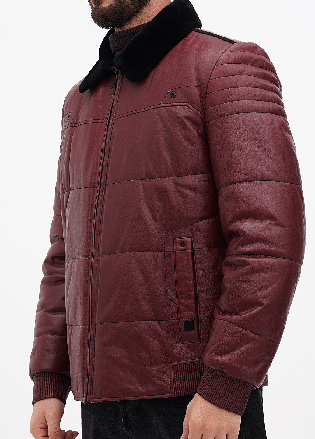 Бордовая зимняя куртка кожаная Gessada