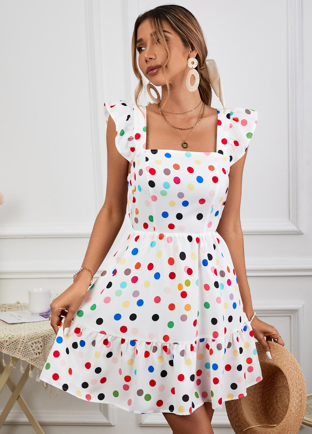 Белое кэжуал платье клеш, в стиле ампир, с открытой спиной SHEIN в горошек