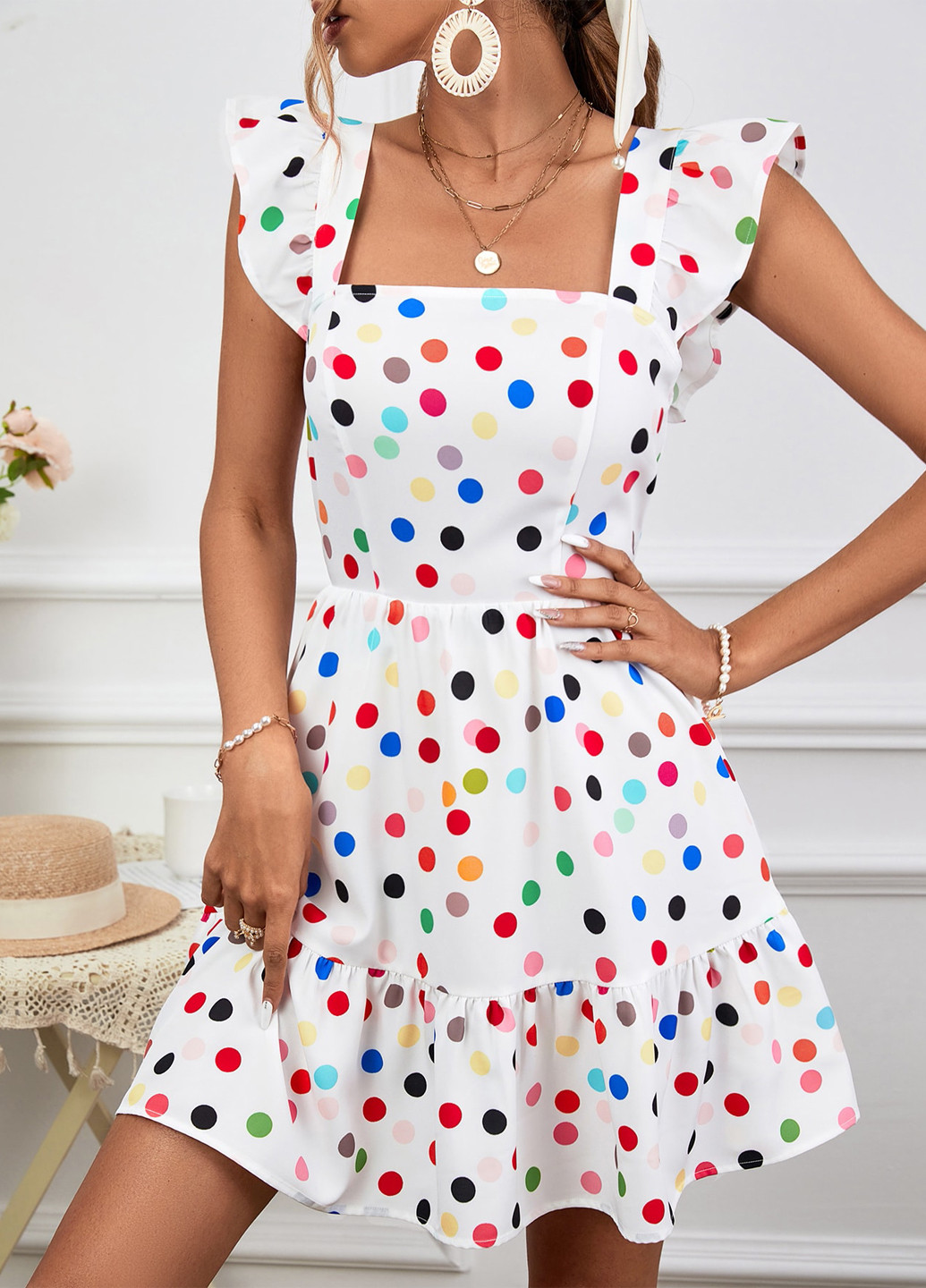 Белое кэжуал платье клеш, в стиле ампир, с открытой спиной SHEIN в горошек