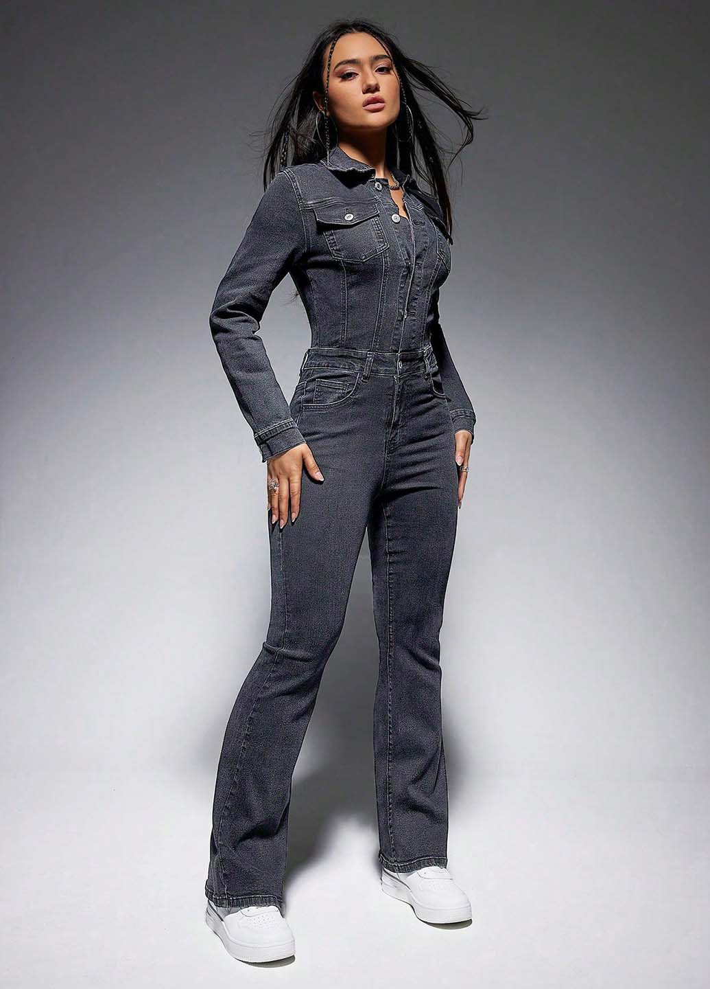 Комбінезон SHEIN комбінезон-брюки однотонний темно-сірий джинсовий бавовна, джинс
