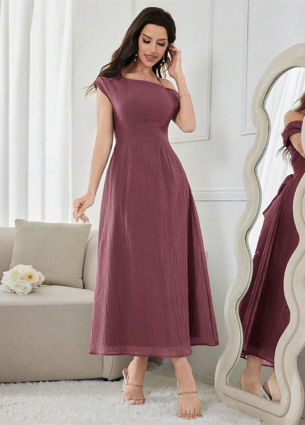 Темно-лиловое кэжуал, праздничный платье клеш, с открытыми плечами SHEIN однотонное