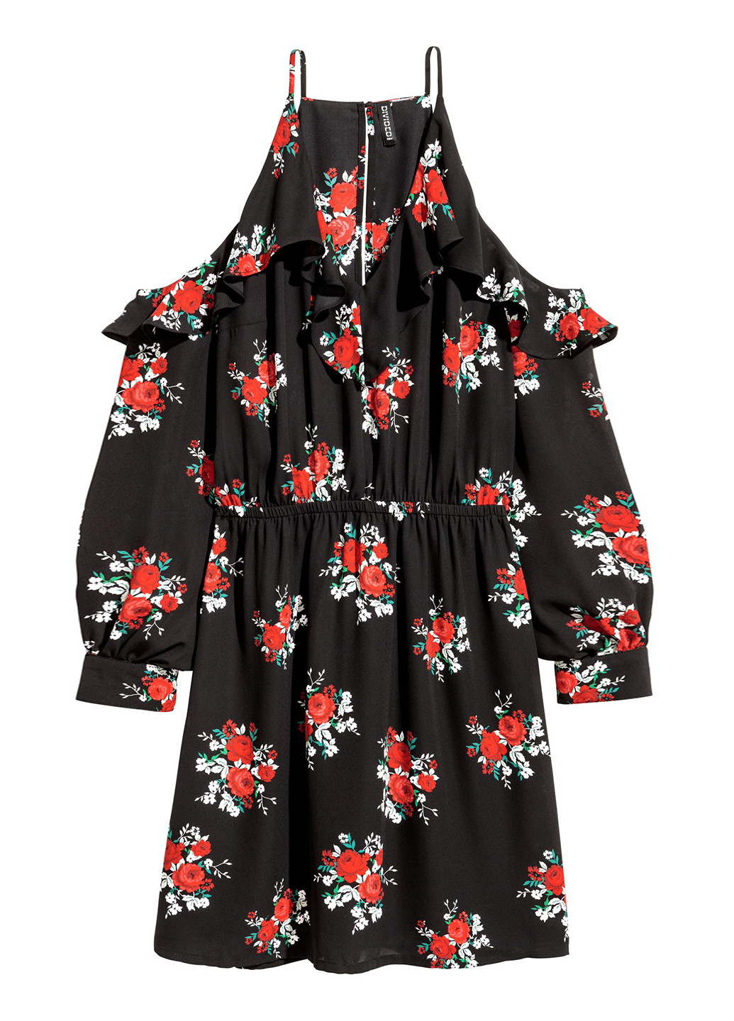 Черное кэжуал платье с открытыми плечами, клеш H&M с цветочным принтом