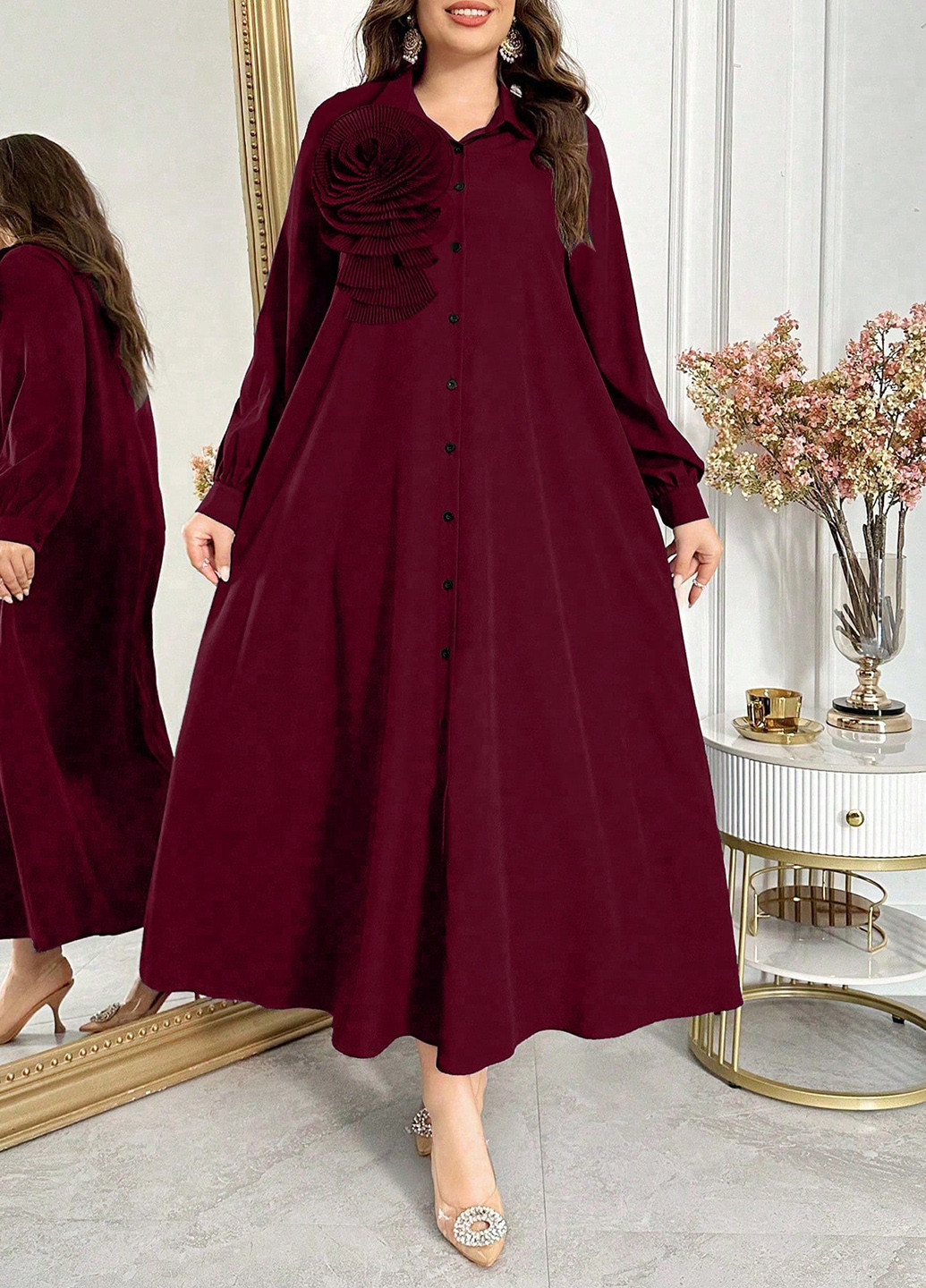 Темно-бордова святковий, вечірня сукня а-силует, сукня-сорочка SHEIN однотонна