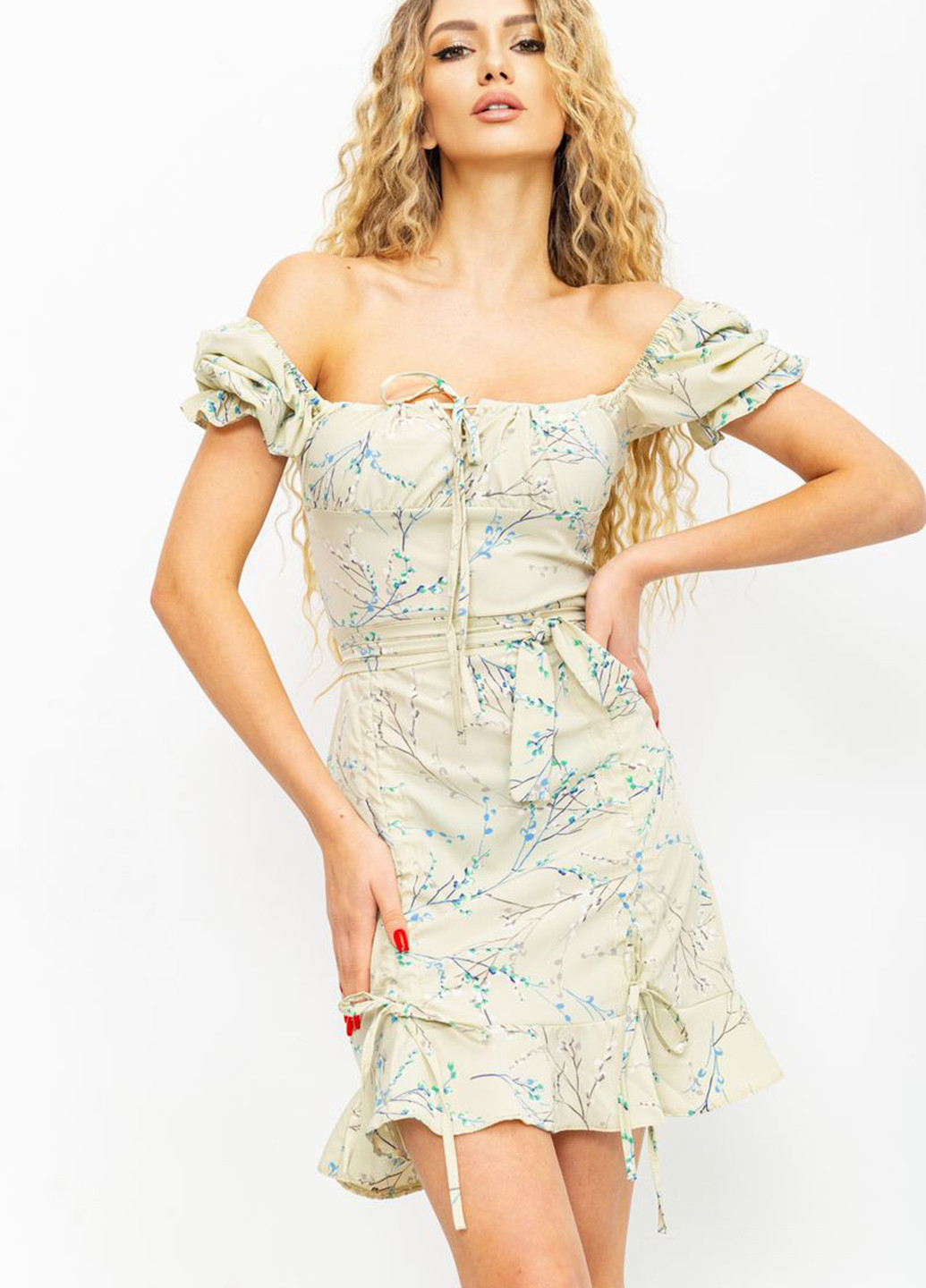 Оливковое кэжуал платье с открытыми плечами Ager с цветочным принтом