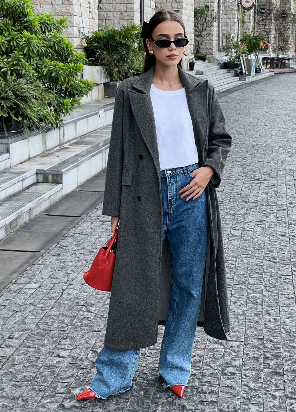 Темно-сіре демісезонне Пальто двобортне SHEIN