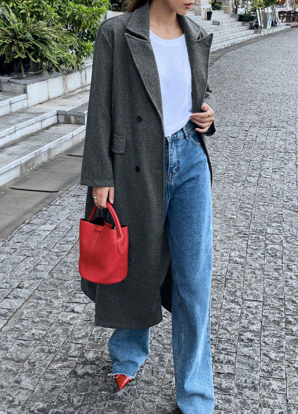 Темно-сіре демісезонне Пальто двобортне SHEIN