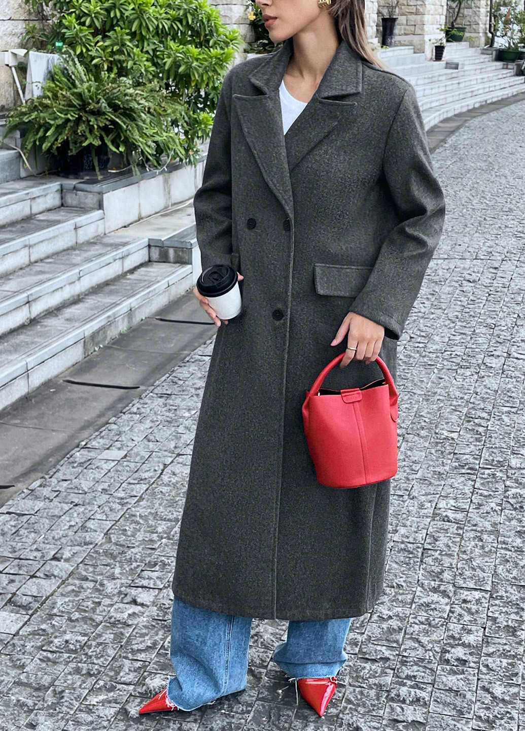 Темно-сіре демісезонне Пальто двобортне SHEIN