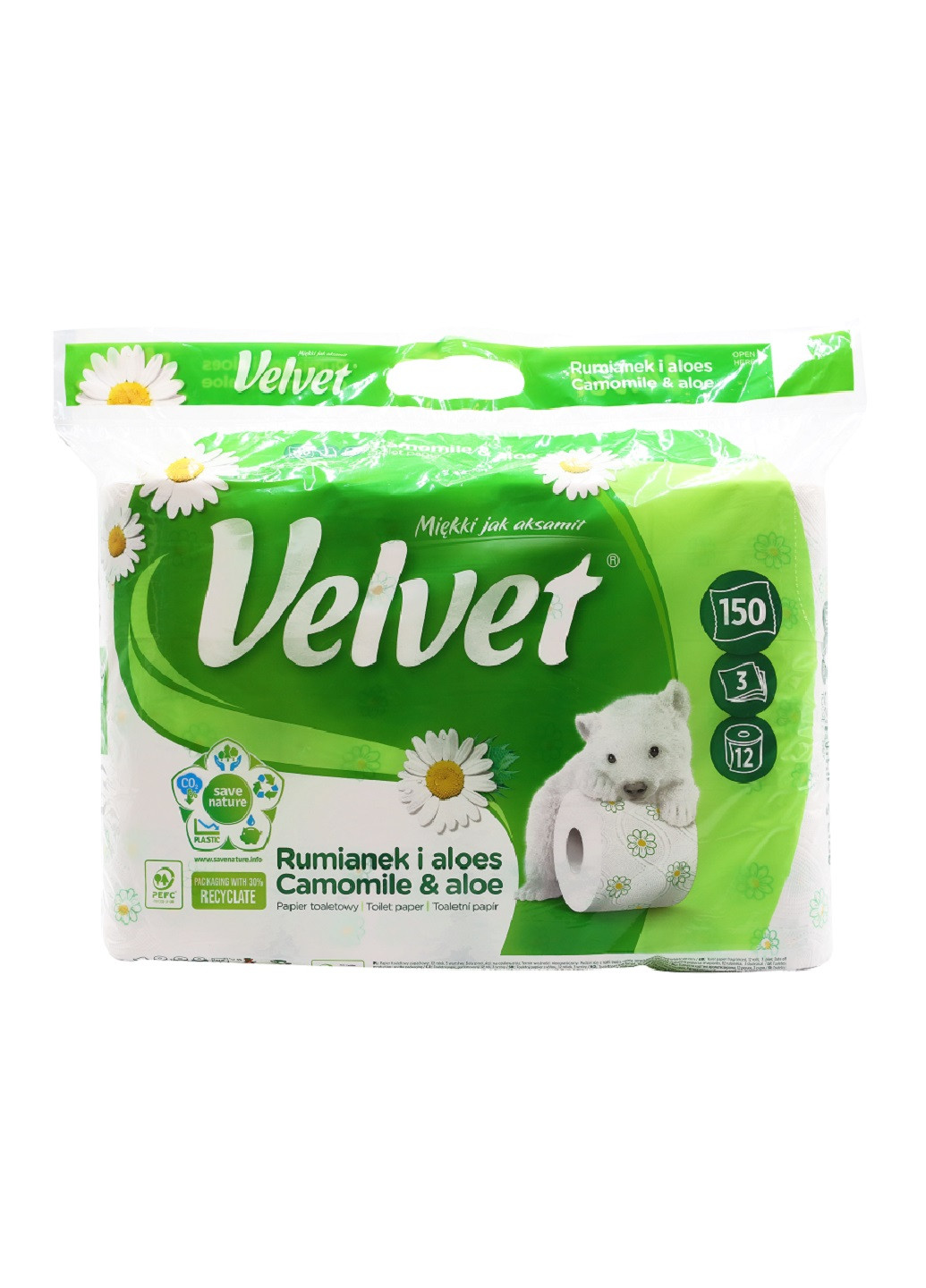 Туалетний папір Camomile тришаровий 150 відривів 12 рулонів Velvet (254794974)