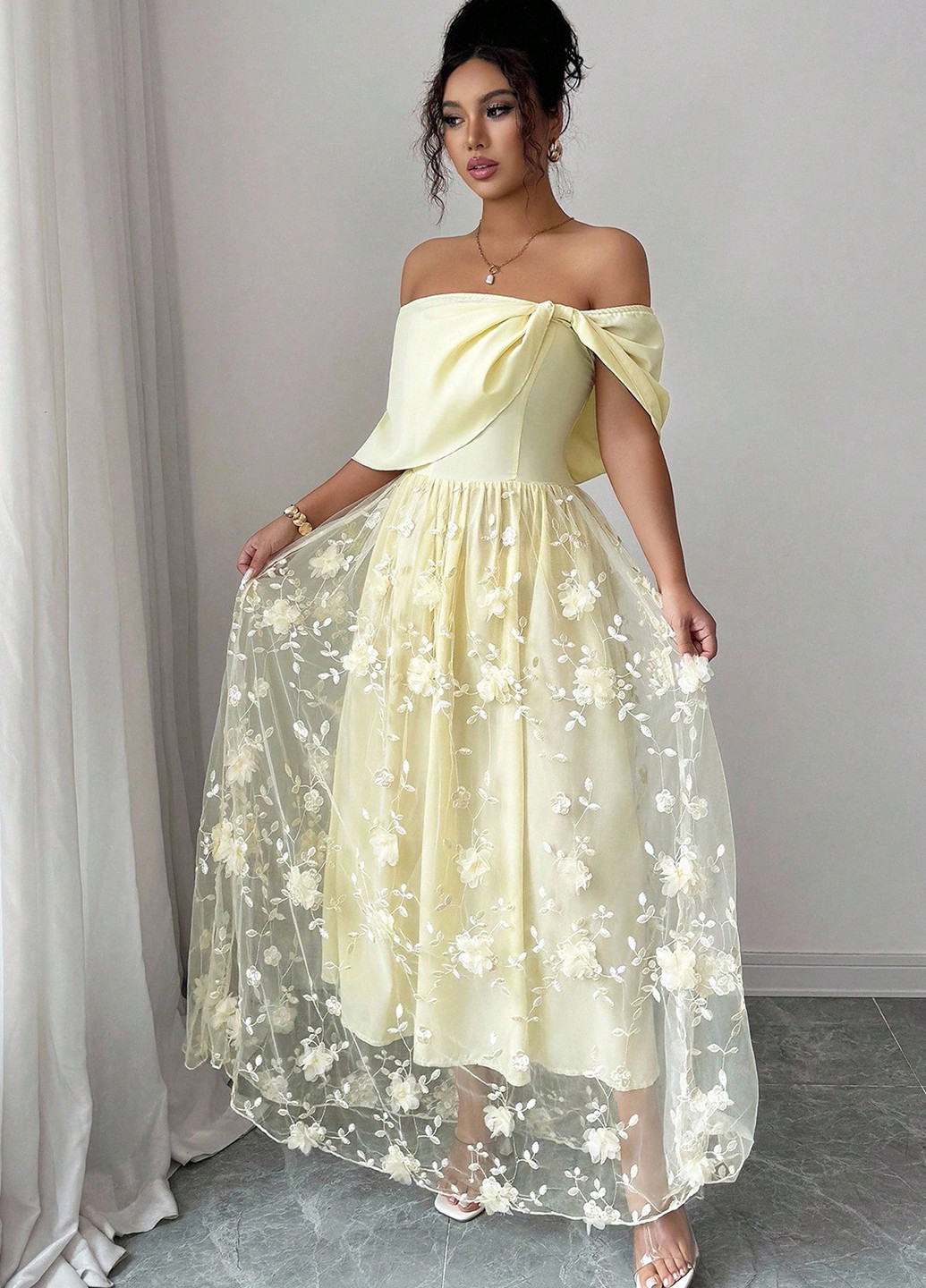 Світло-жовтий святковий сукня з відкритими плечима SHEIN однотонна